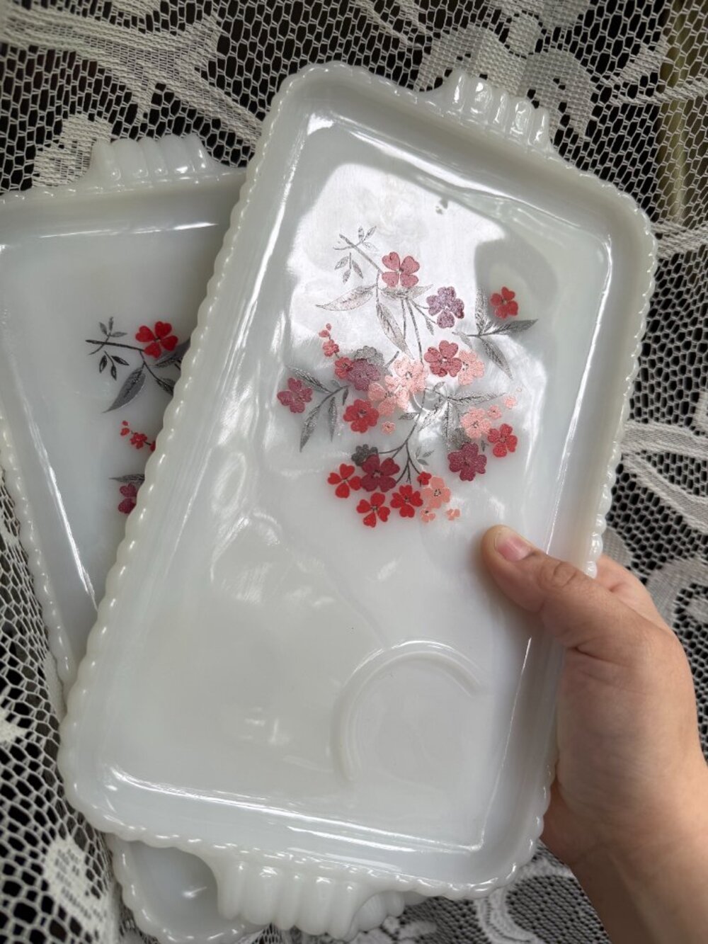 Set of 2 Primrose Snack Plates c1960s Fire King Anchor Hocking Milk Glass Trays